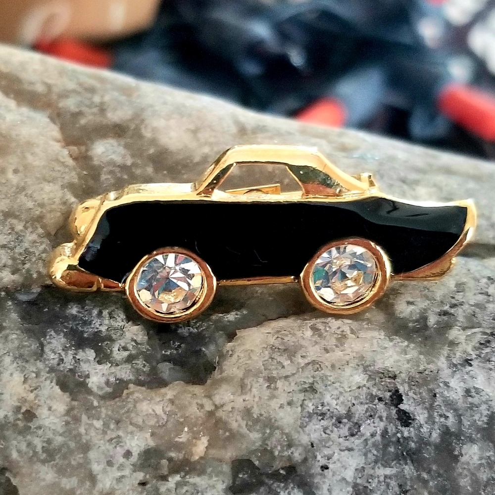 Vintage Sports Car Brooch Lapel Pin Black Enamel Gold Trim & Sparkle!